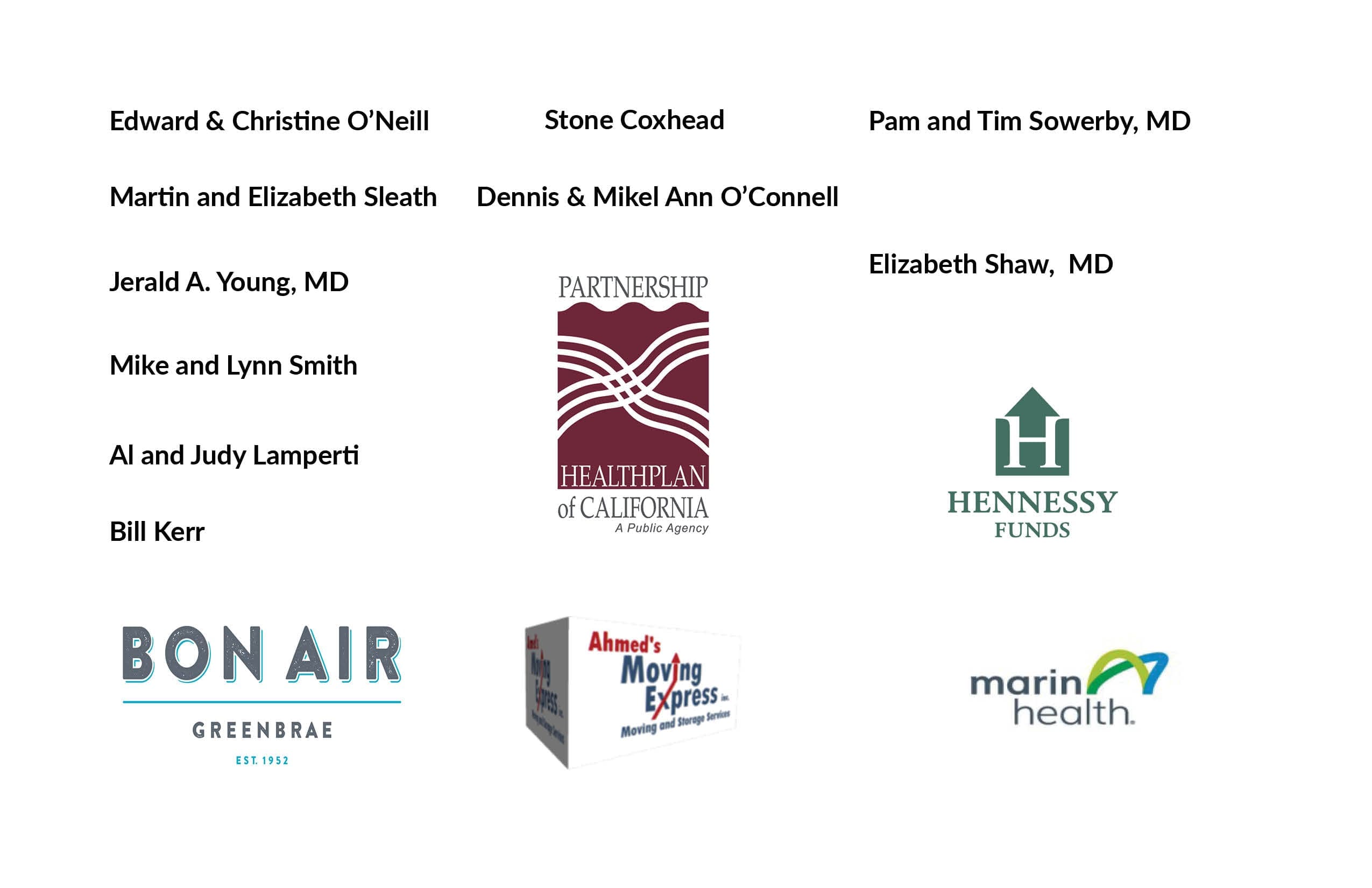 A collection of sponsor names and logos, including individuals, families, and businesses such as BON AIR, Partnership HealthPlan of California, Ahmed’s Moving Express, MarinHealth, and Hennessy Funds.